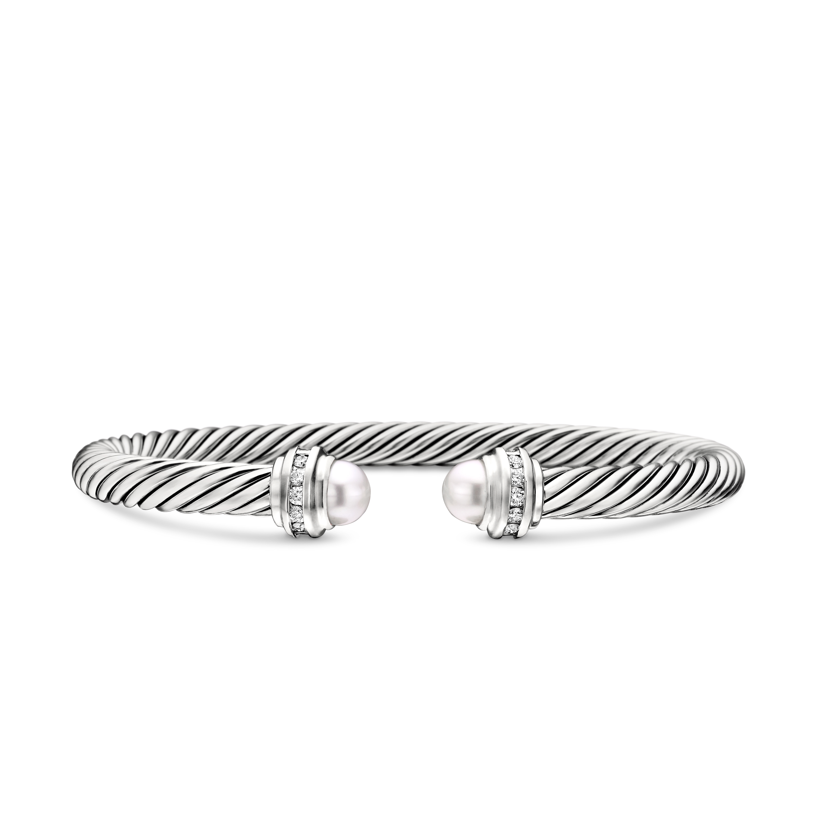 Classic Cable Bracelet in Sterling Silver with Pearls and Diamonds, 5mm Classic Cable Bracelet in Sterling Silver with Pearls and Diamonds, 5mm