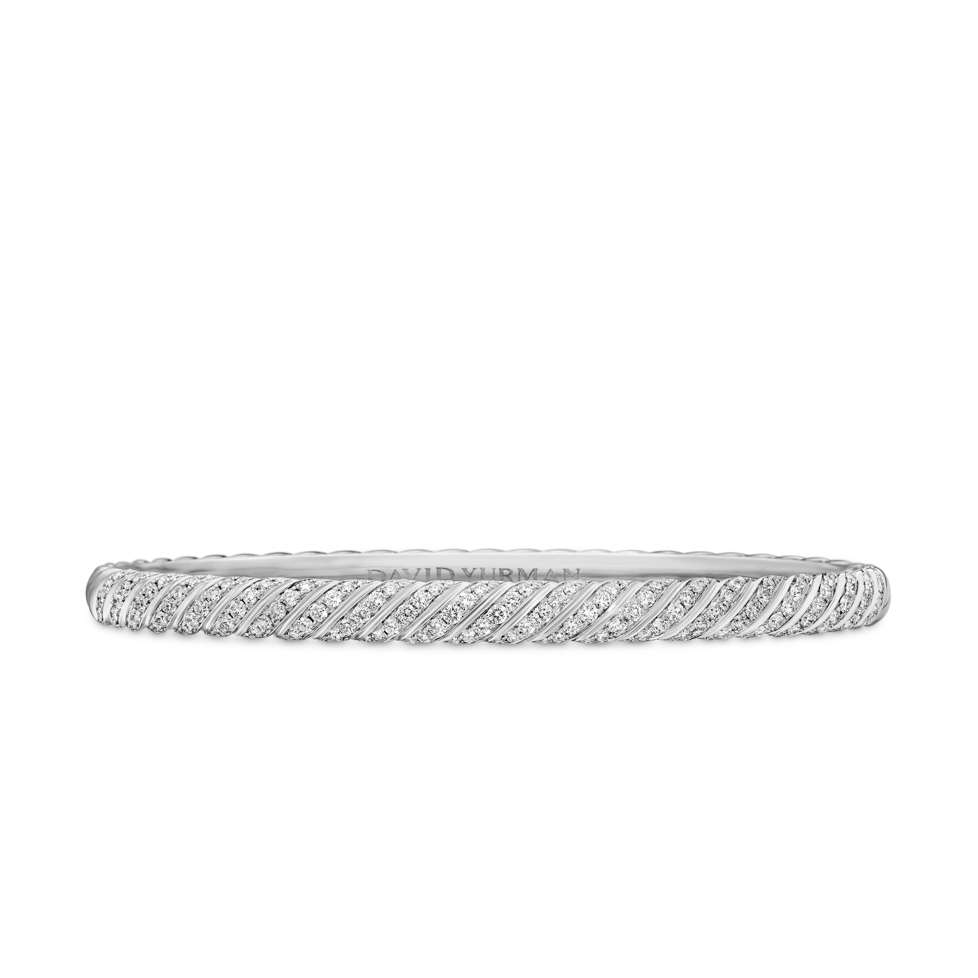 Sculpted Cable Bangle Bracelet in 18K White Gold with Diamonds, 4.6mm Sculpted Cable Bangle Bracelet in 18K White Gold with Diamonds, 4.6mm