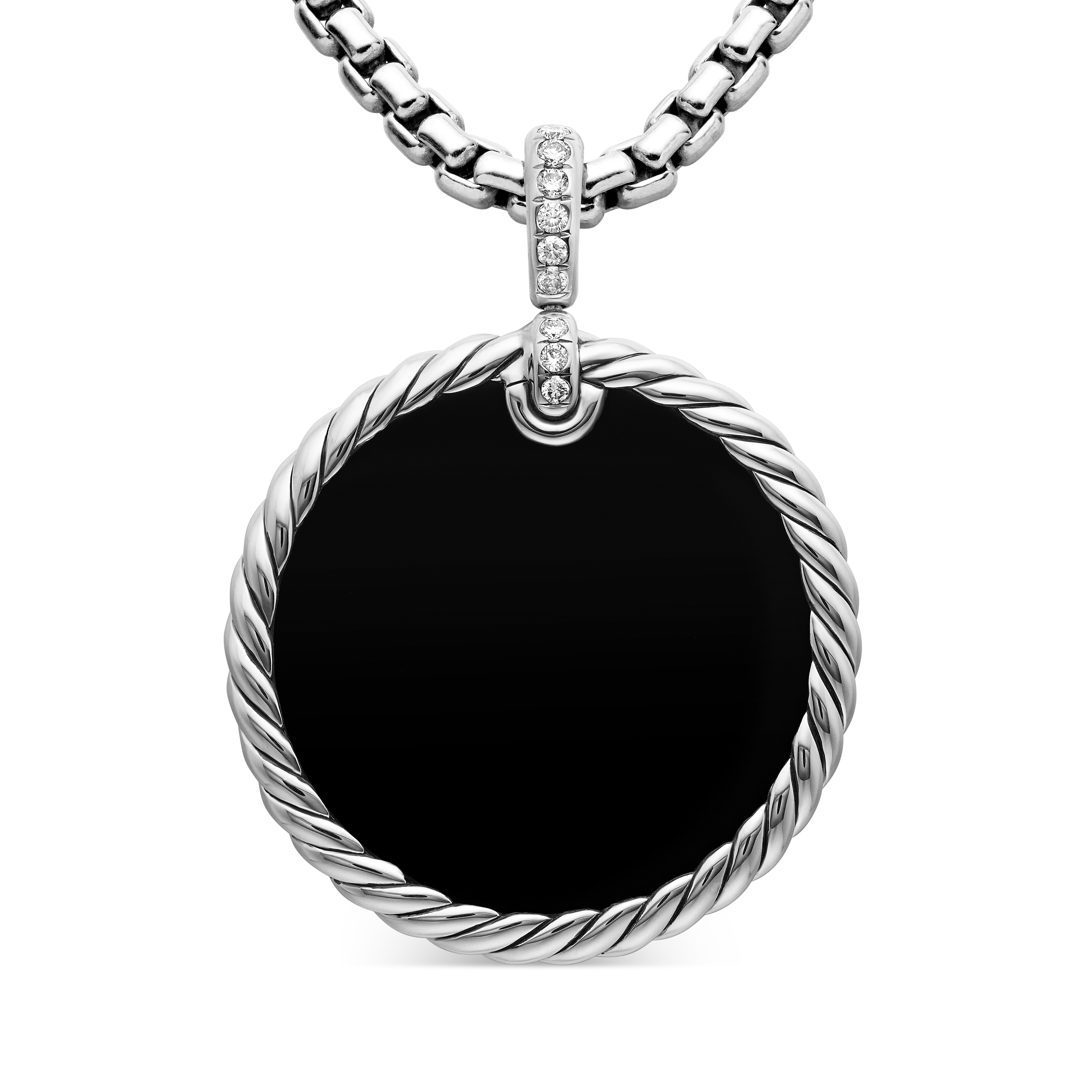 DY Elements® Reversible Disc Pendant in Sterling Silver with Black Onyx Reversible to Mother of Pearl and Diamonds, 32mm DY Elements® Reversible Disc Pendant in Sterling Silver with Black Onyx Reversible to Mother of Pearl and Diamonds, 32mm