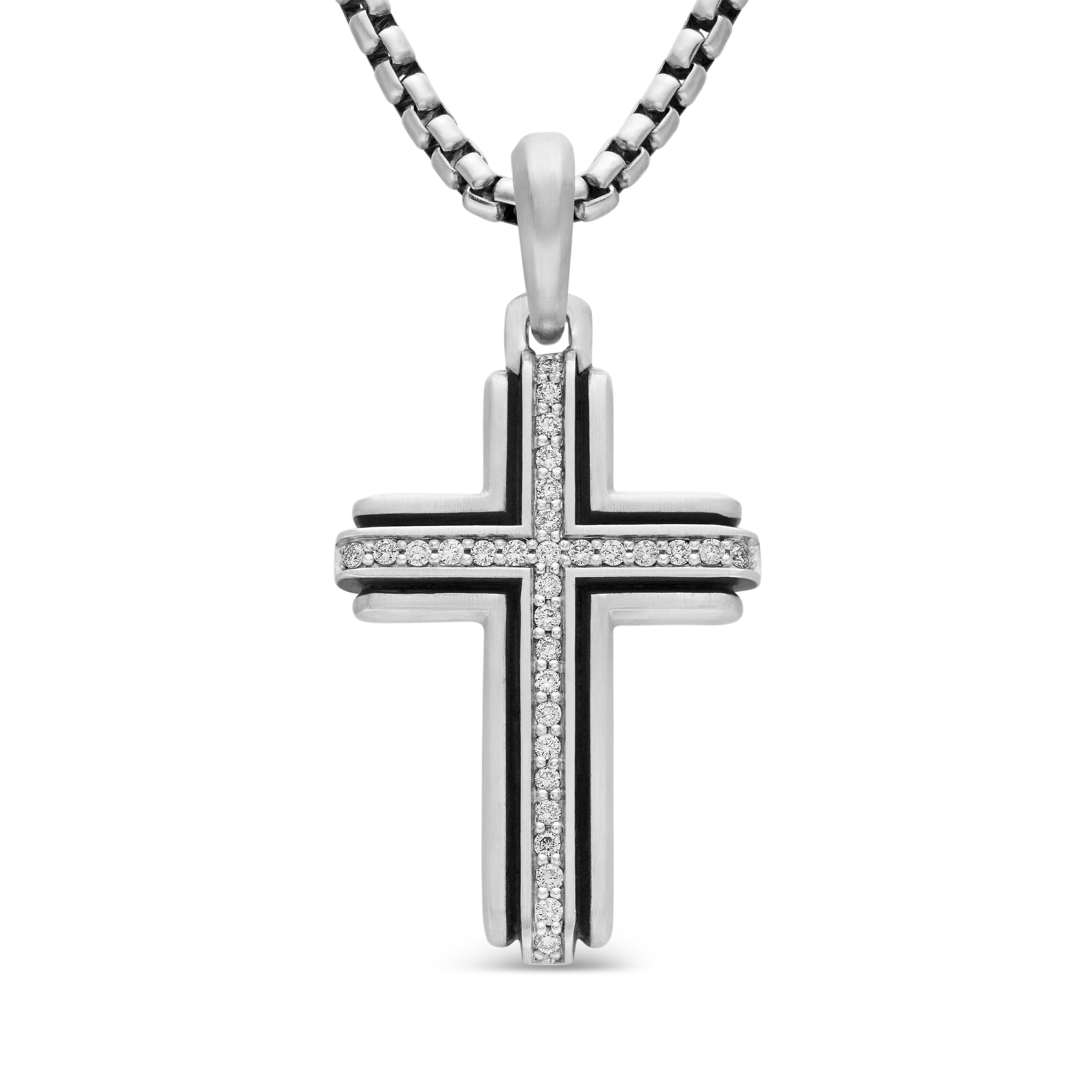 Deco Cross Pendant in Sterling Silver with Diamonds, 34mm Deco Cross Pendant in Sterling Silver with Diamonds, 34mm