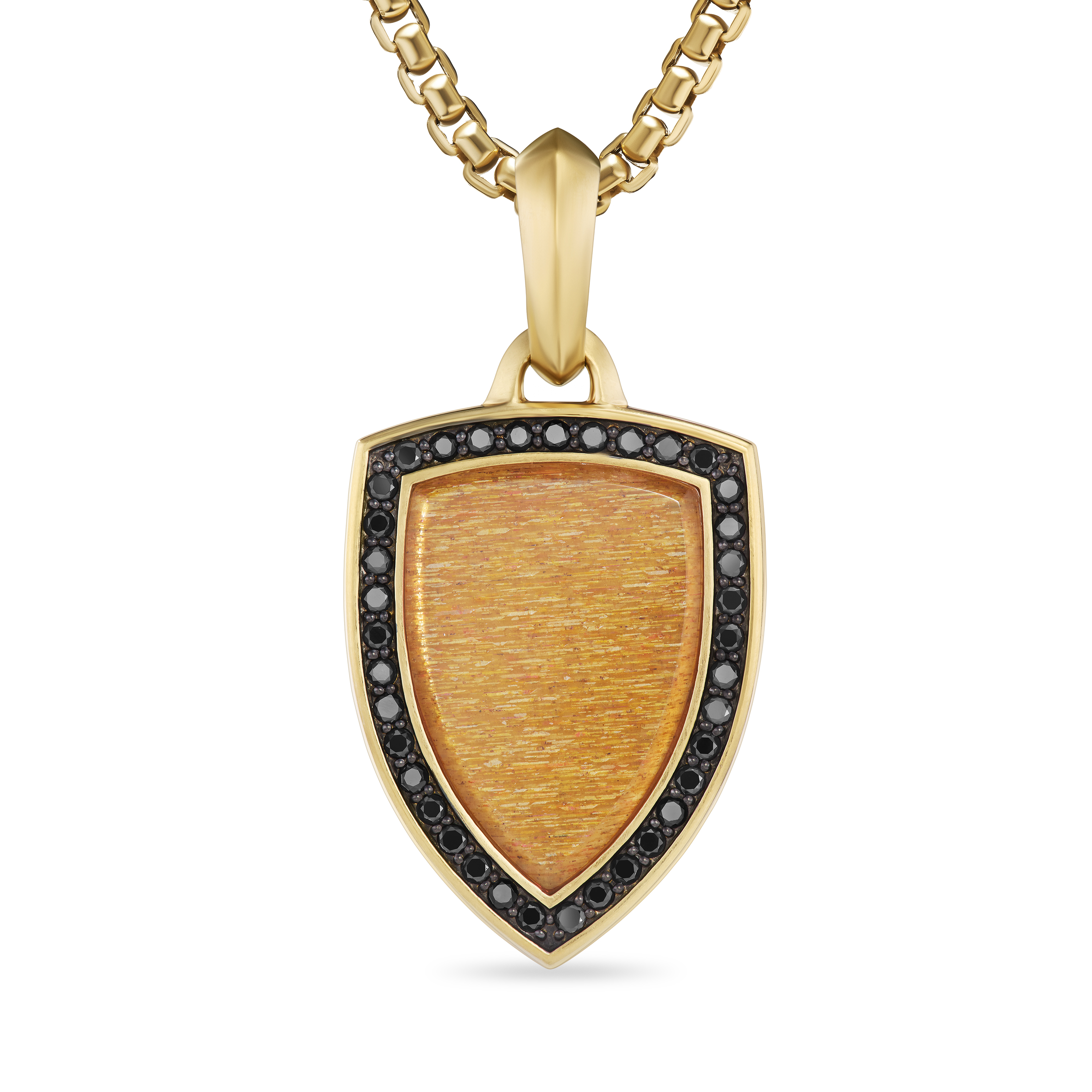 Shield Amulet in 18K Yellow Gold with Golden Sun Stone and Black Diamonds, 27mm Shield Amulet in 18K Yellow Gold with Golden Sun Stone and Black Diamonds, 27mm