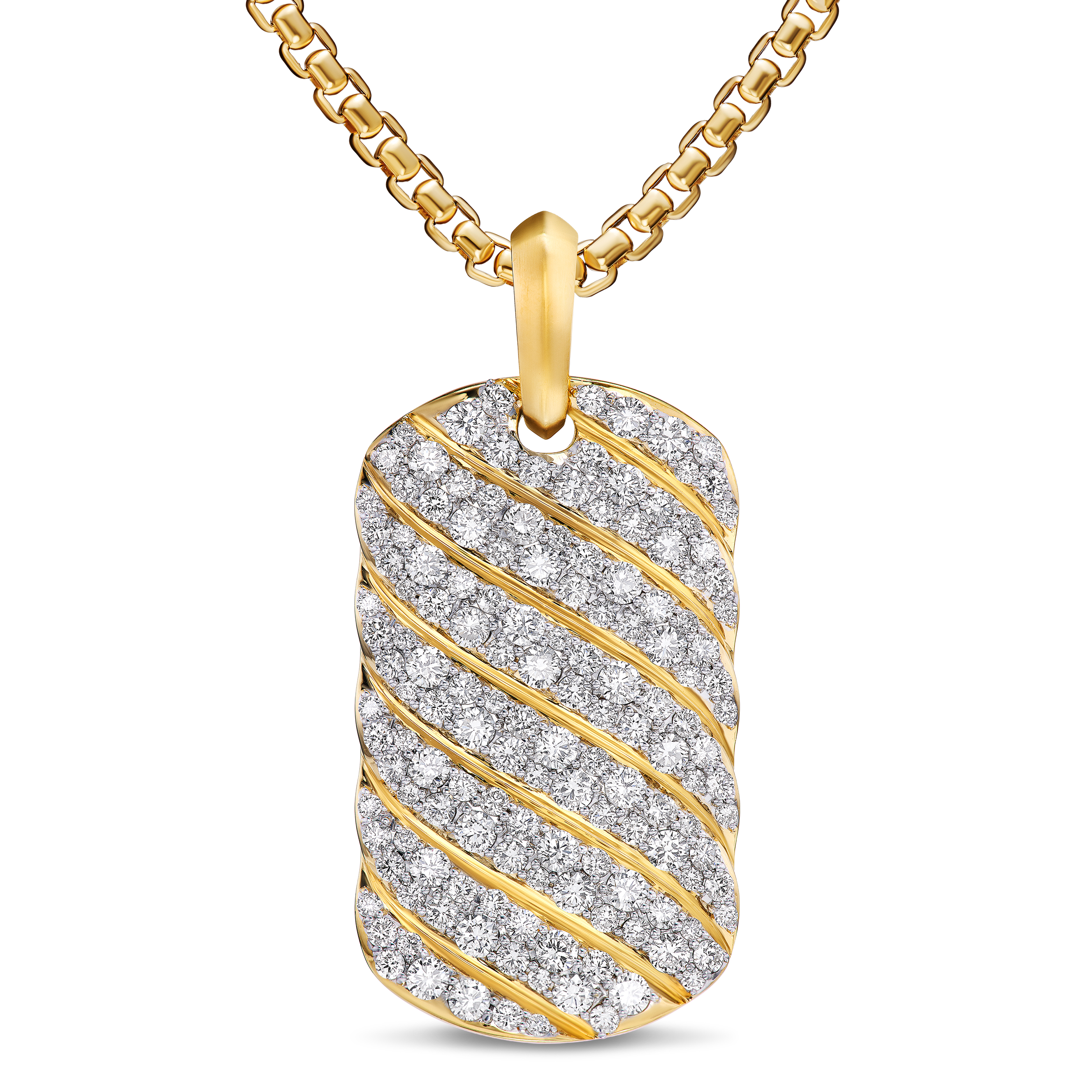 Sculpted Cable Tag in 18K Yellow Gold with Diamonds, 35mm Sculpted Cable Tag in 18K Yellow Gold with Diamonds, 35mm