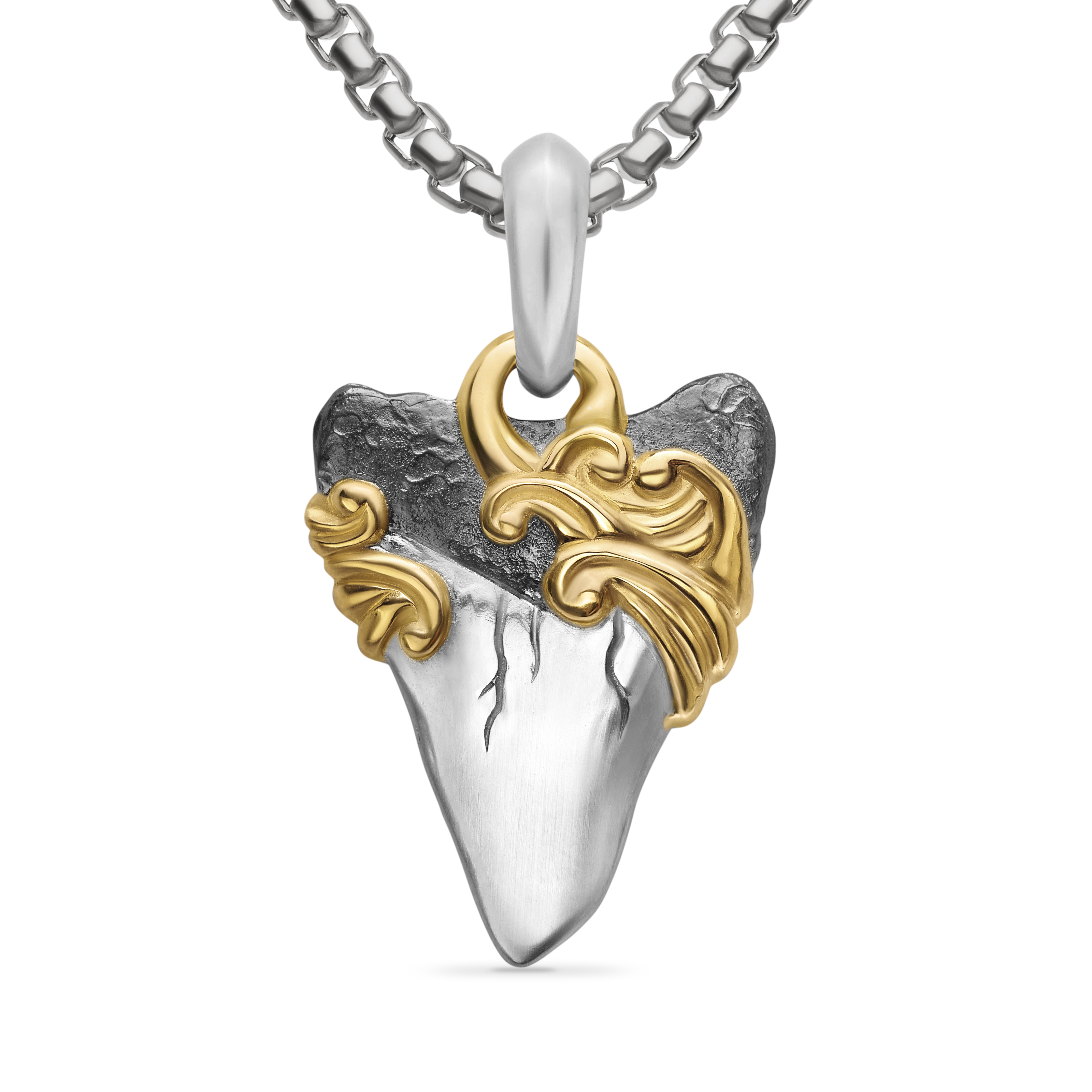Waves Shark Tooth Amulet in Sterling Silver with 18K Yellow Gold, 25mm Waves Shark Tooth Amulet in Sterling Silver with 18K Yellow Gold, 25mm