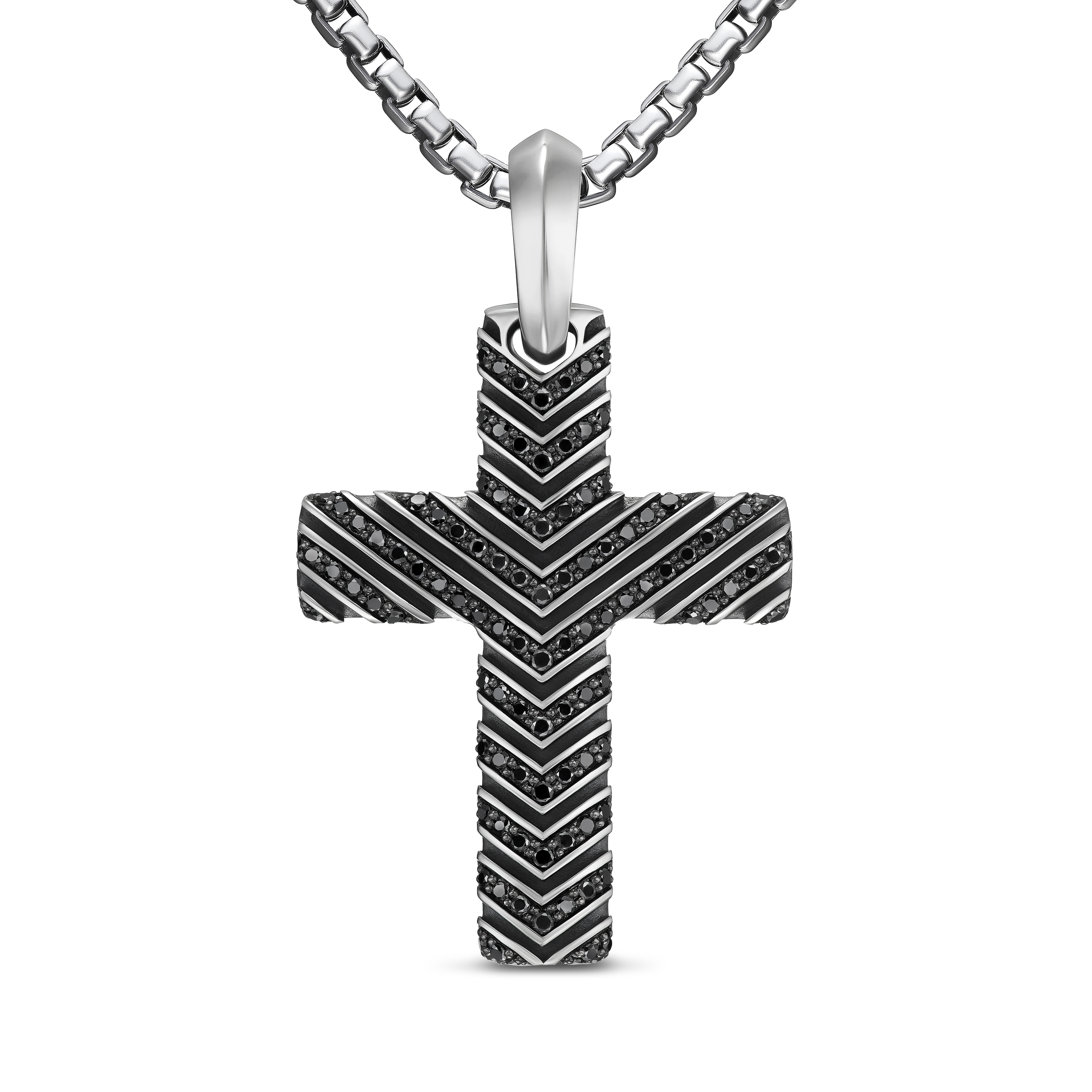 Chevron Cross Pendant in Sterling Silver with Black Diamonds, 36mm Chevron Cross Pendant in Sterling Silver with Black Diamonds, 36mm