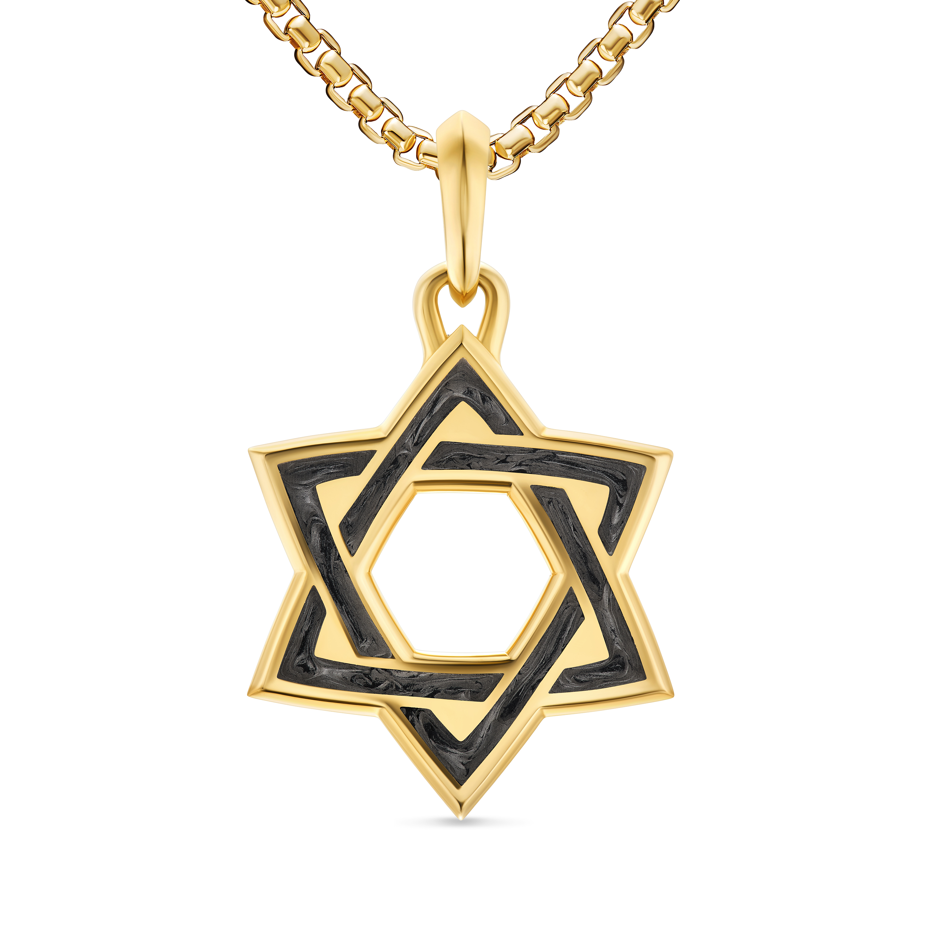 Star of David Amulet in 18K Yellow Gold with Forged Carbon, 25mm