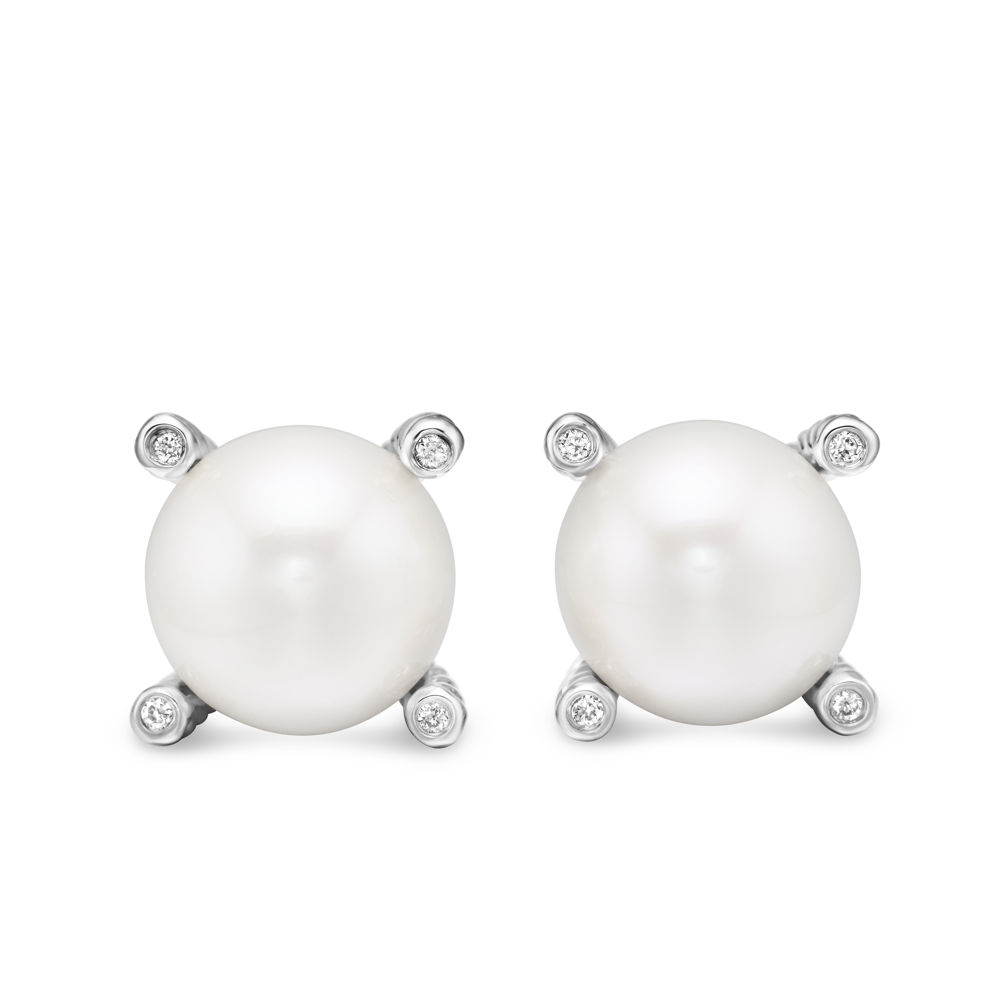 Pearl Stud Earrings in Sterling Silver with Pearls and Diamonds, 14mm