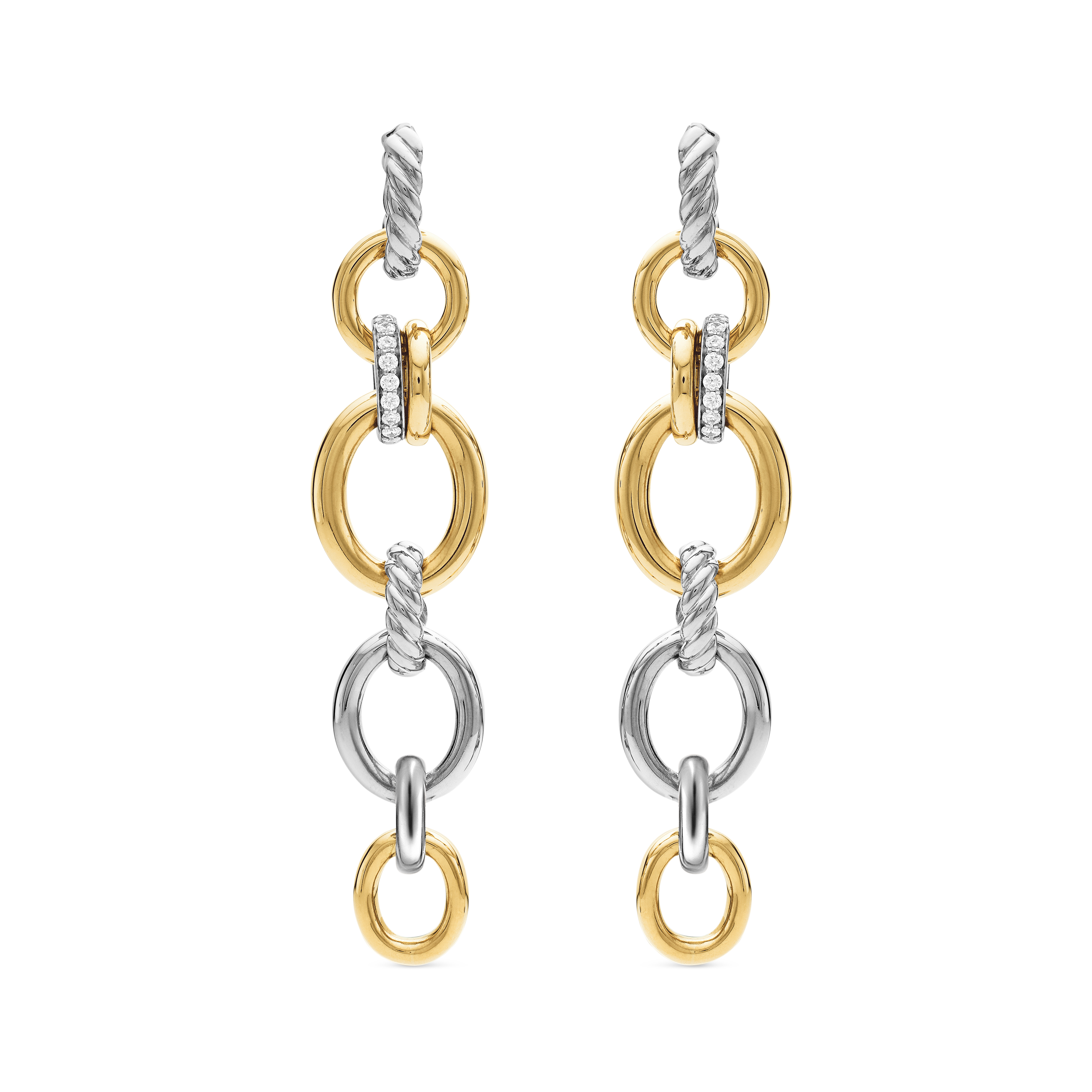 DY Mercer® Linked Drop Earrings in Sterling Silver with 18K Yellow Gold and Diamonds, 68mm