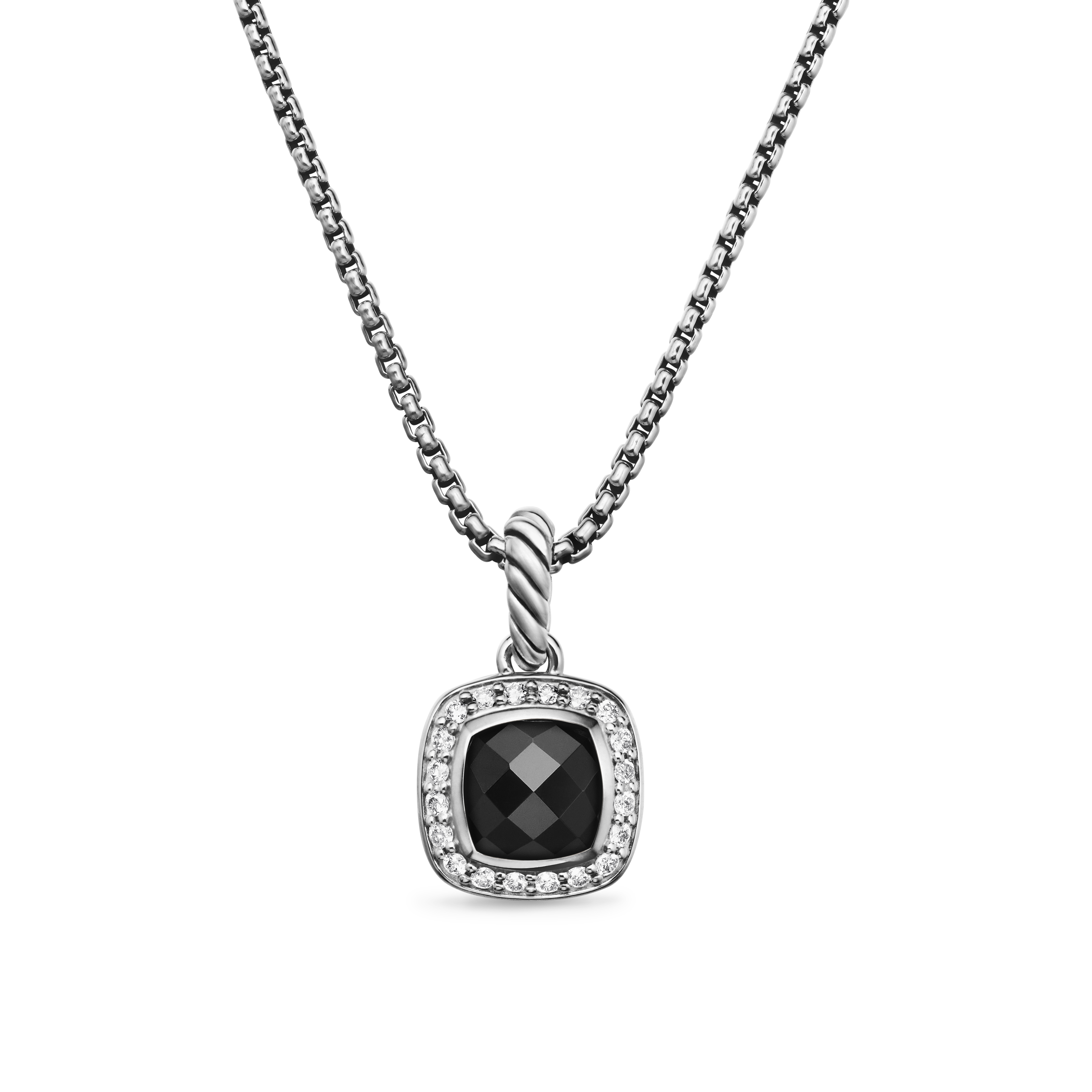 7 mm Cushion Petite Albion Necklace in Sterling Silver with Faceted Black Onyx and Diamonds