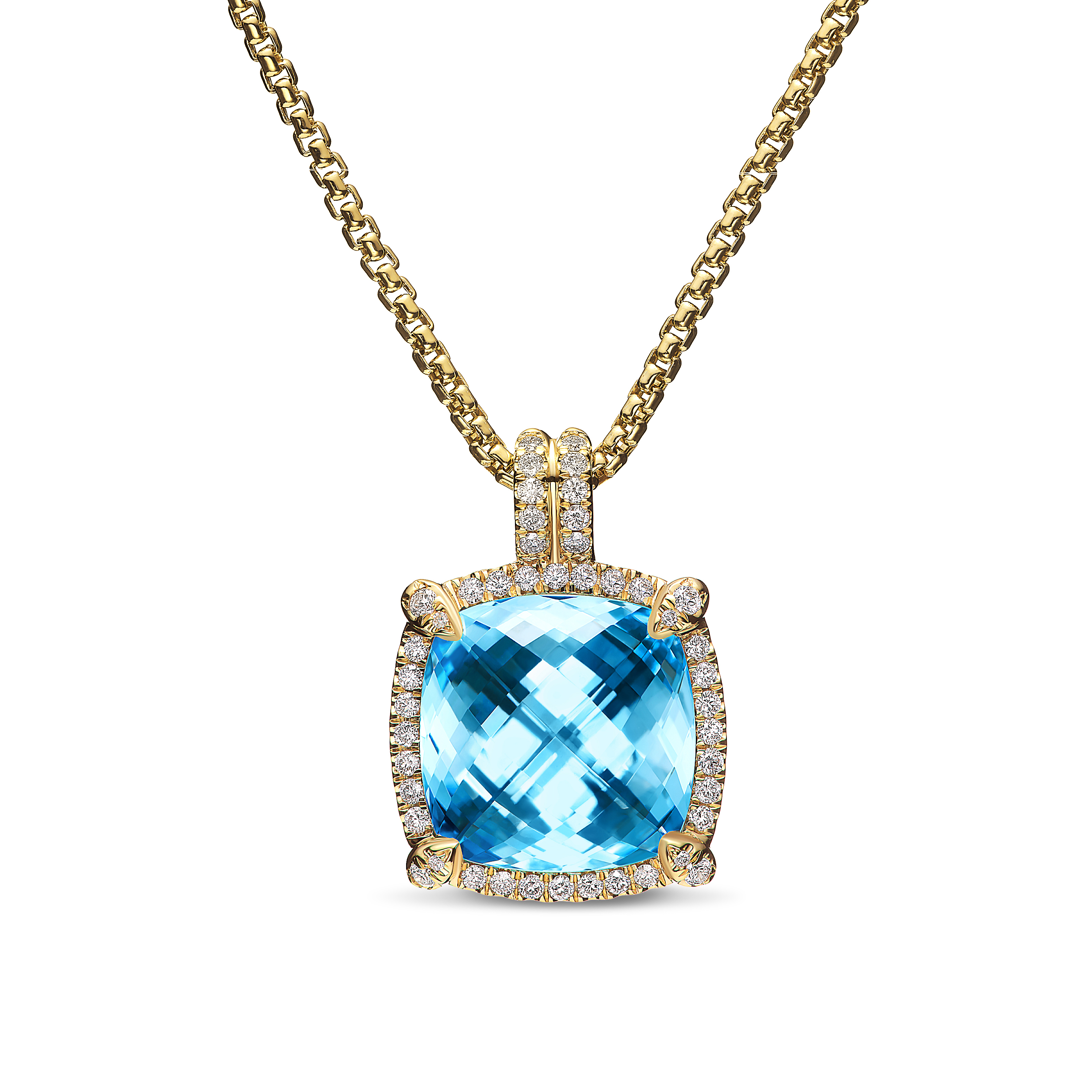 Chatelaine® Pavé Bezel Pendant Necklace in 18K Yellow Gold with Blue Topaz and Diamonds, 14mm