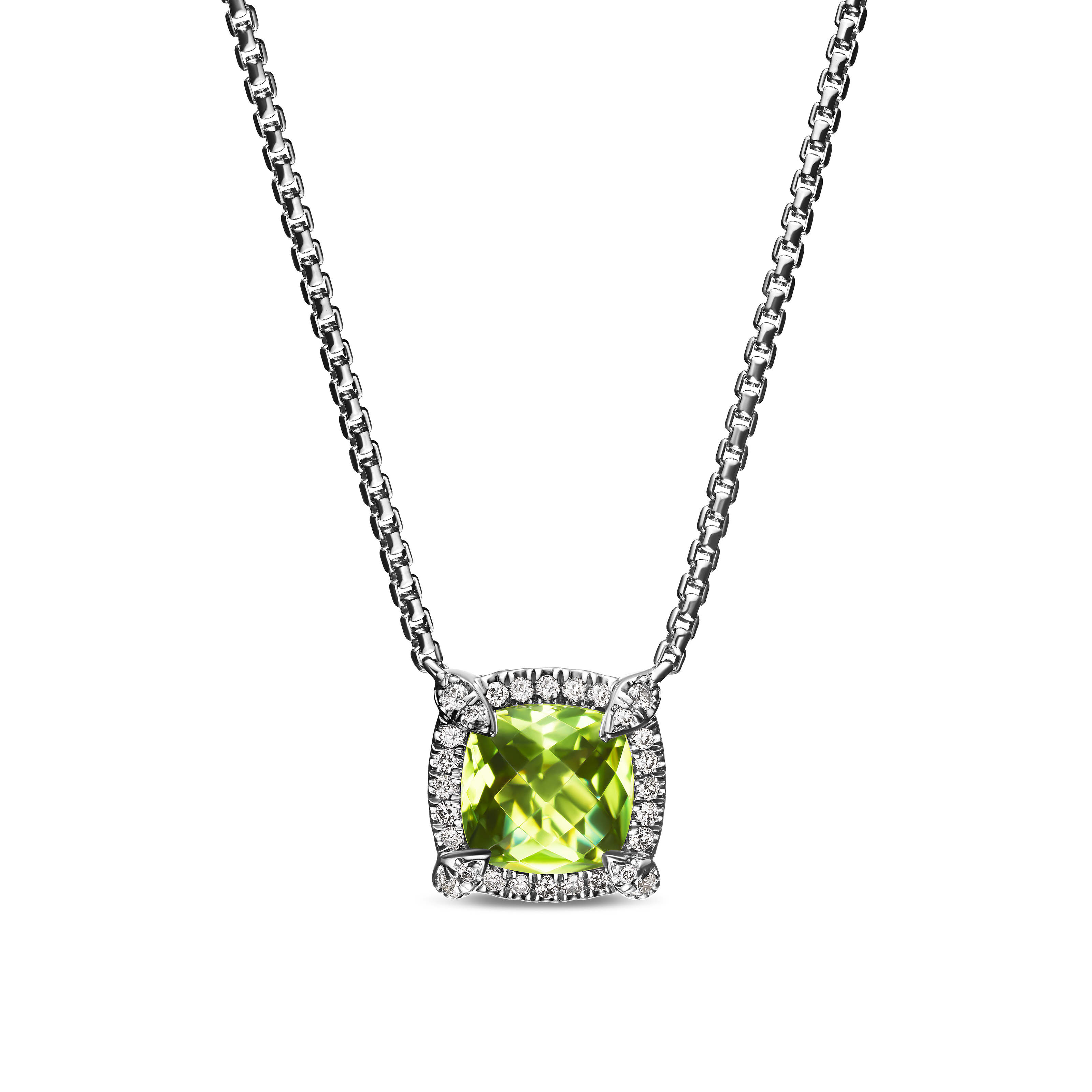 Petite Chatelaine® Pavé Bezel Pendant Necklace in Sterling Silver with Peridot and Diamonds, 7mm Petite Chatelaine® Pavé Bezel Pendant Necklace in Sterling Silver with Peridot and Diamonds, 7mm