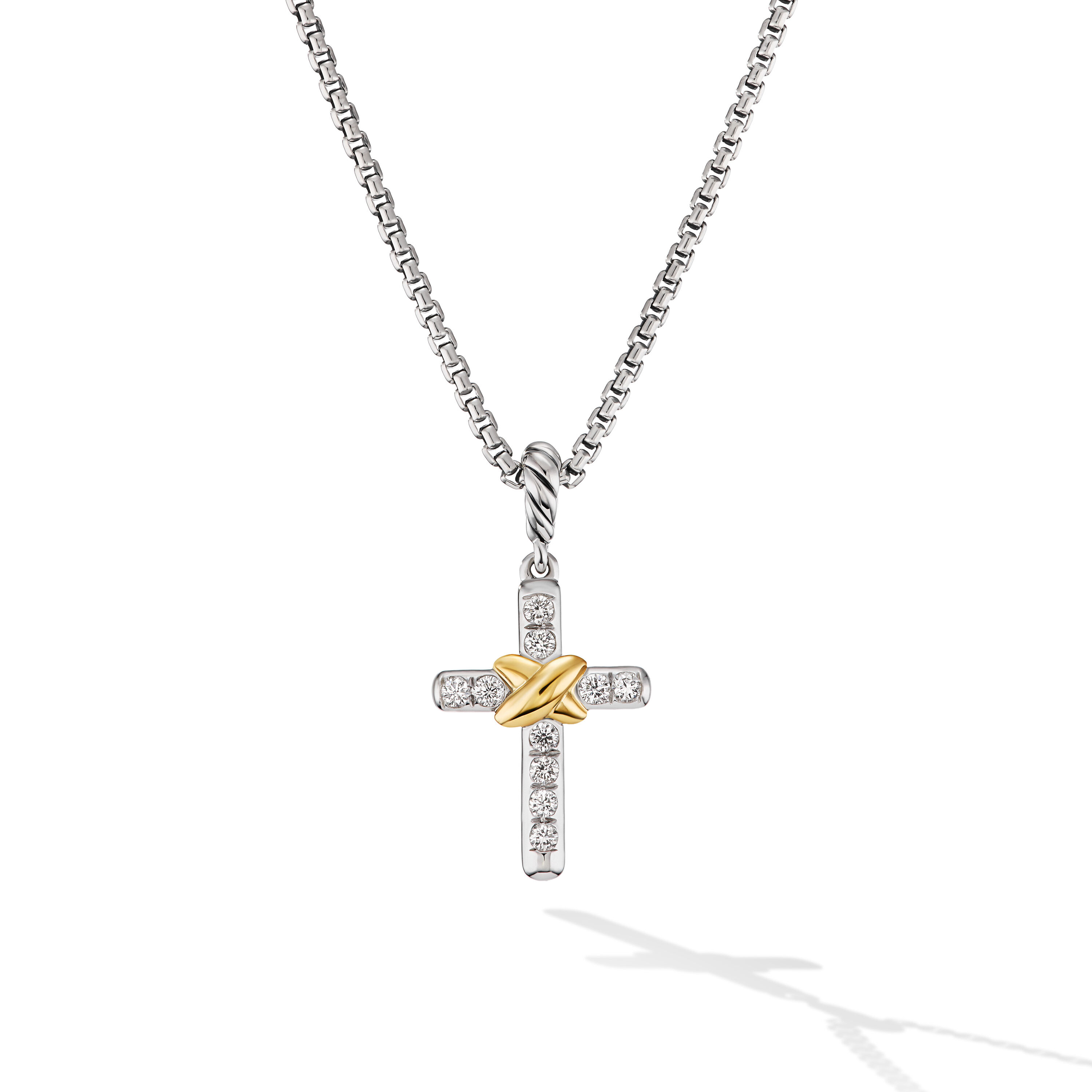 Petite Cross Necklace in Sterling Silver with 18K Yellow Gold with Diamonds, 20.8mm Petite Cross Necklace in Sterling Silver with 18K Yellow Gold with Diamonds, 20.8mm