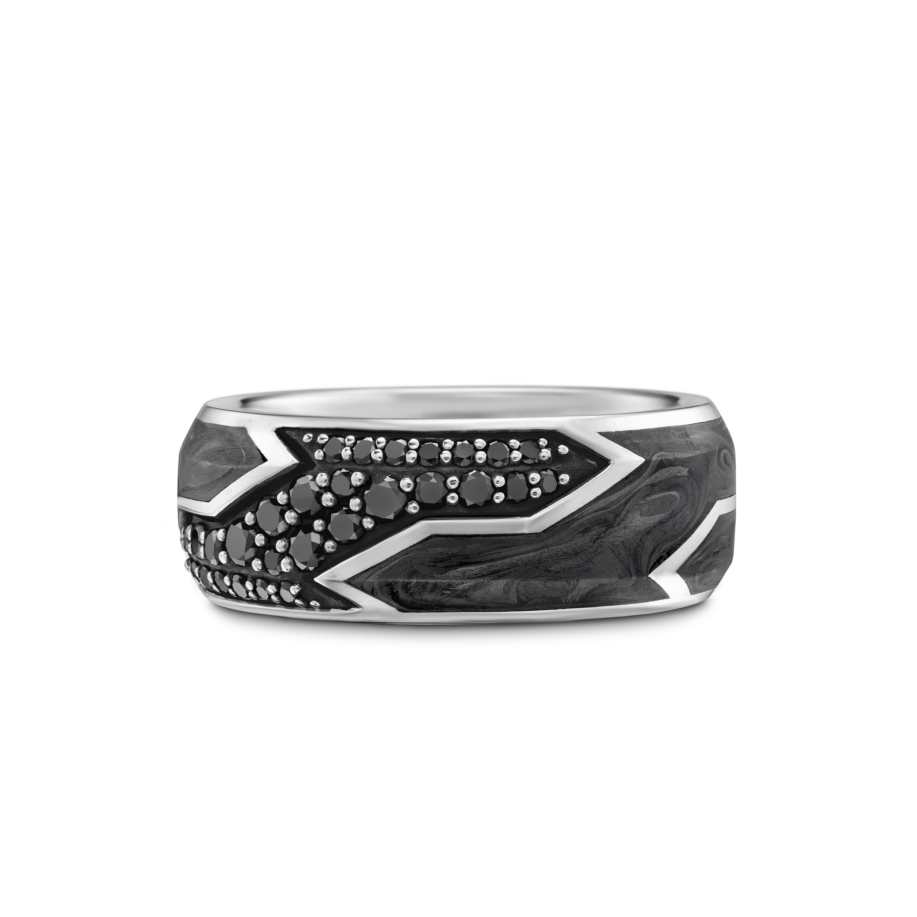 Forged Carbon Beveled Band Ring in Sterling Silver with Black Diamonds, 9mm Forged Carbon Beveled Band Ring in Sterling Silver with Black Diamonds, 9mm