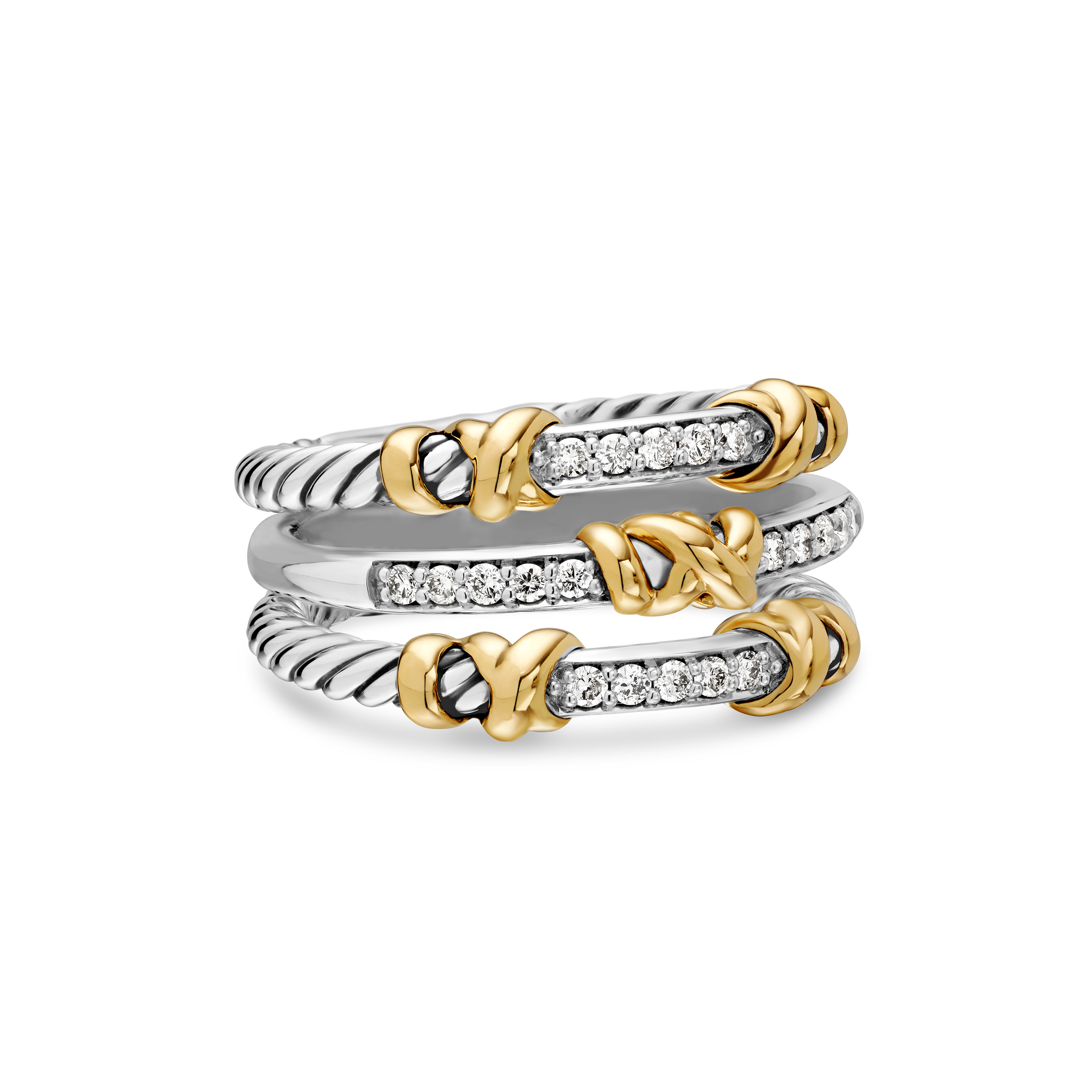 Petite Helena Wrap Three Row Ring in Sterling Silver with 18K Yellow Gold and Diamonds, 12mm