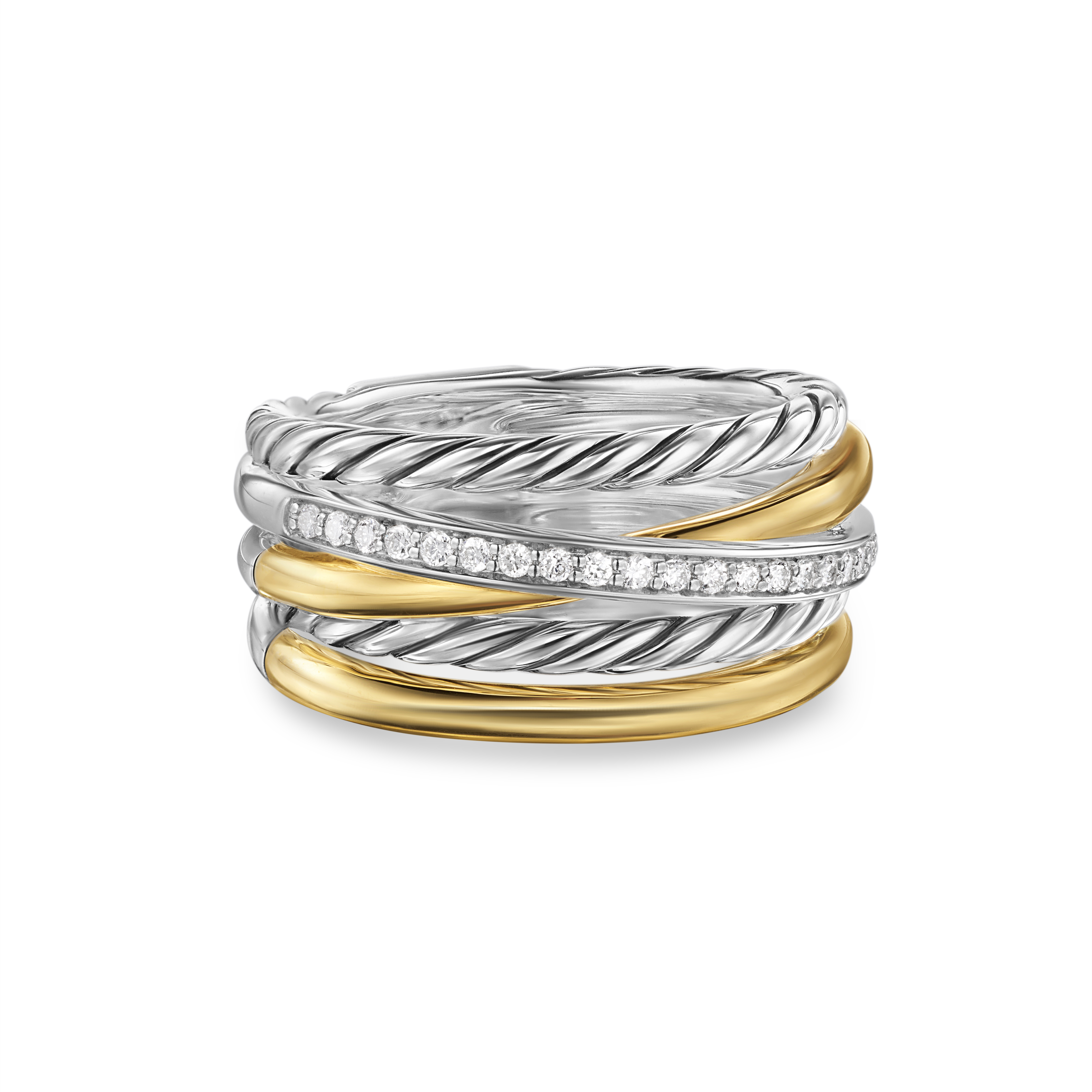 Crossover Five Row Ring in Sterling Silver with 18K Yellow Gold and Diamonds, 11mm Crossover Five Row Ring in Sterling Silver with 18K Yellow Gold and Diamonds, 11mm