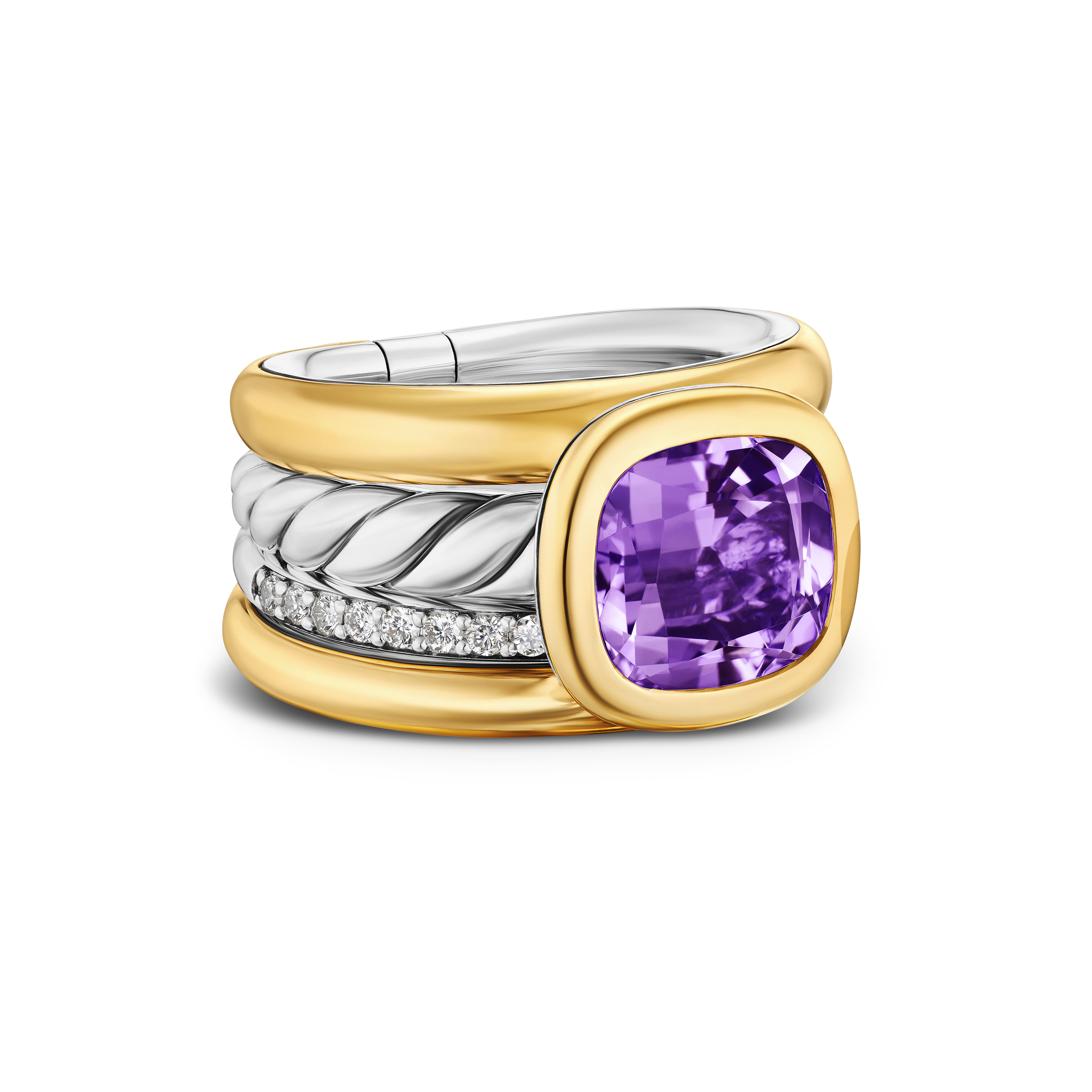 DY Mercer® Four Row Stone Ring in Sterling Silver with 18K Yellow Gold, Amethyst and Diamonds, 14mm DY Mercer® Four Row Stone Ring in Sterling Silver with 18K Yellow Gold, Amethyst and Diamonds, 14mm