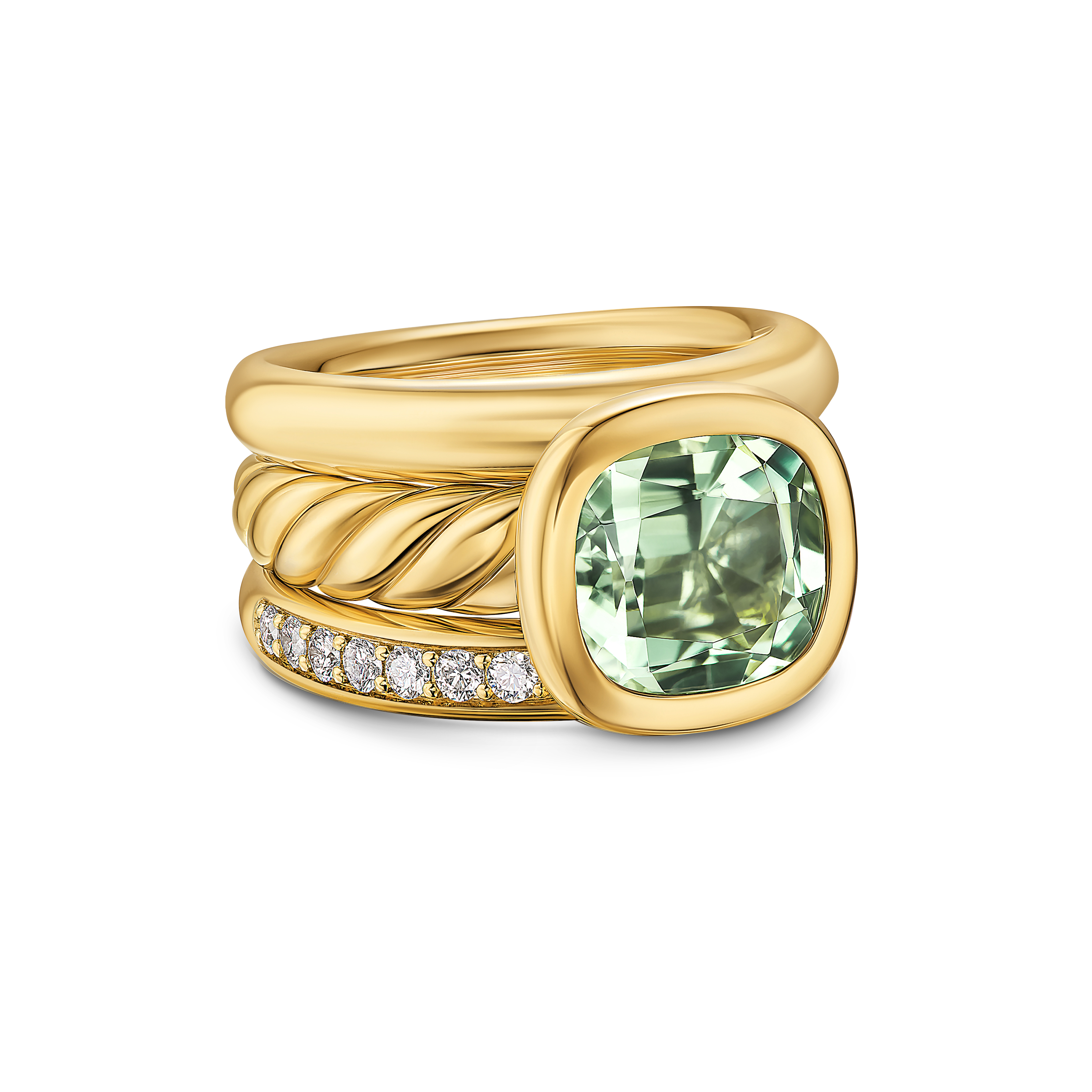 DY Mercer® Three Row Stone Ring in 18K Yellow Gold with Prasiolite and Diamonds, 12mm DY Mercer® Three Row Stone Ring in 18K Yellow Gold with Prasiolite and Diamonds, 12mm