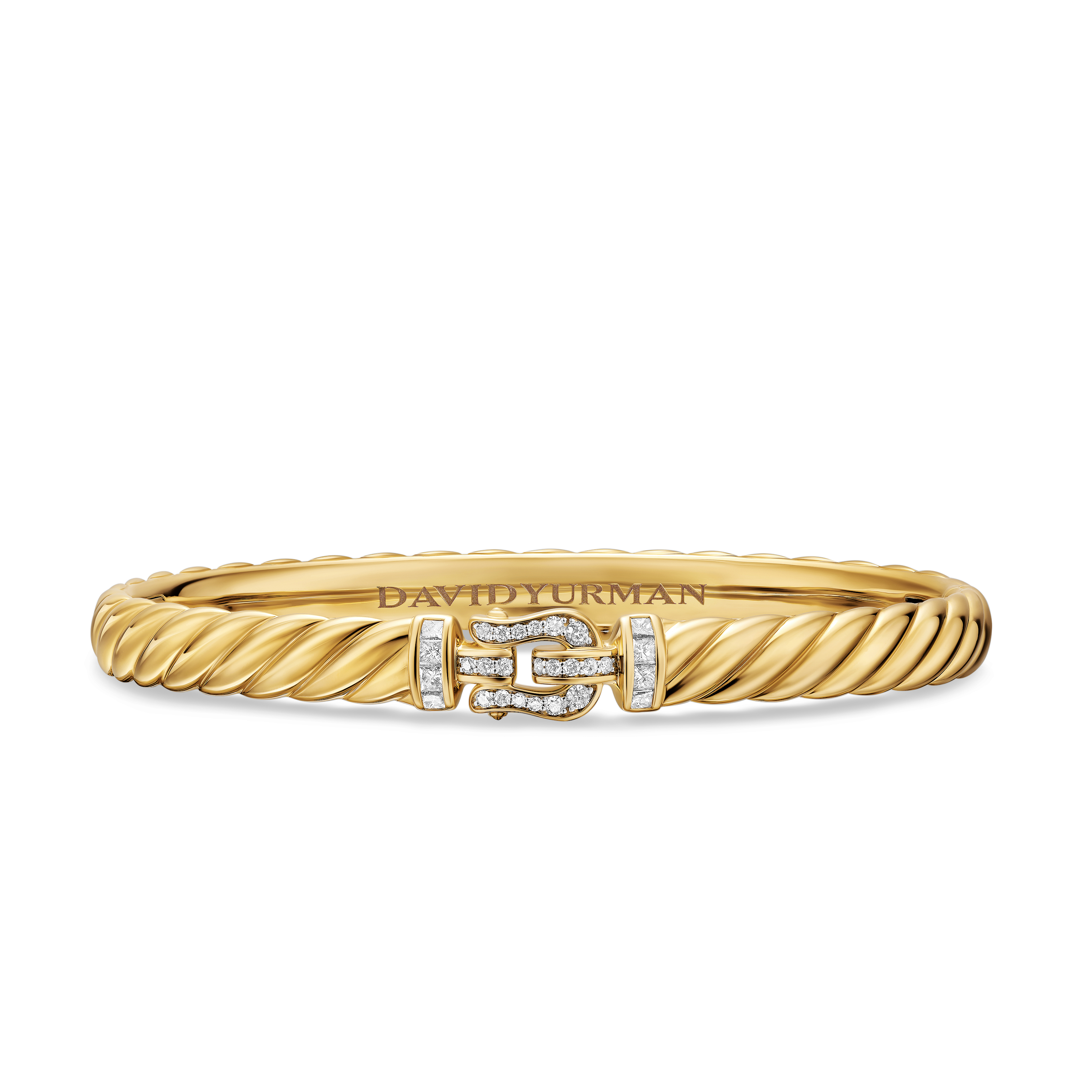 Sculpted Cable Buckle Bracelet in 18K Yellow Gold with Diamonds, 6mm Sculpted Cable Buckle Bracelet in 18K Yellow Gold with Diamonds, 6mm