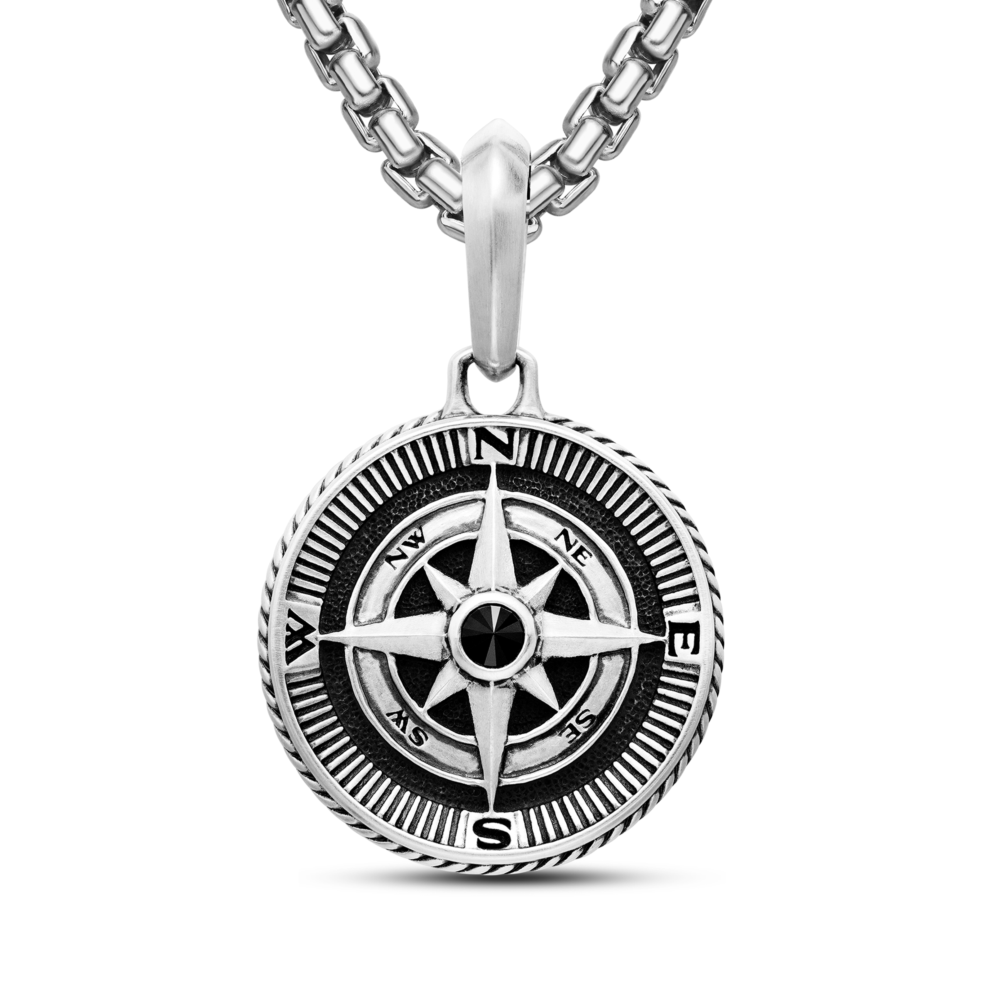 Maritime® Compass Amulet in Sterling Silver with Center Black Diamond, 29.5mm Maritime® Compass Amulet in Sterling Silver with Center Black Diamond, 29.5mm