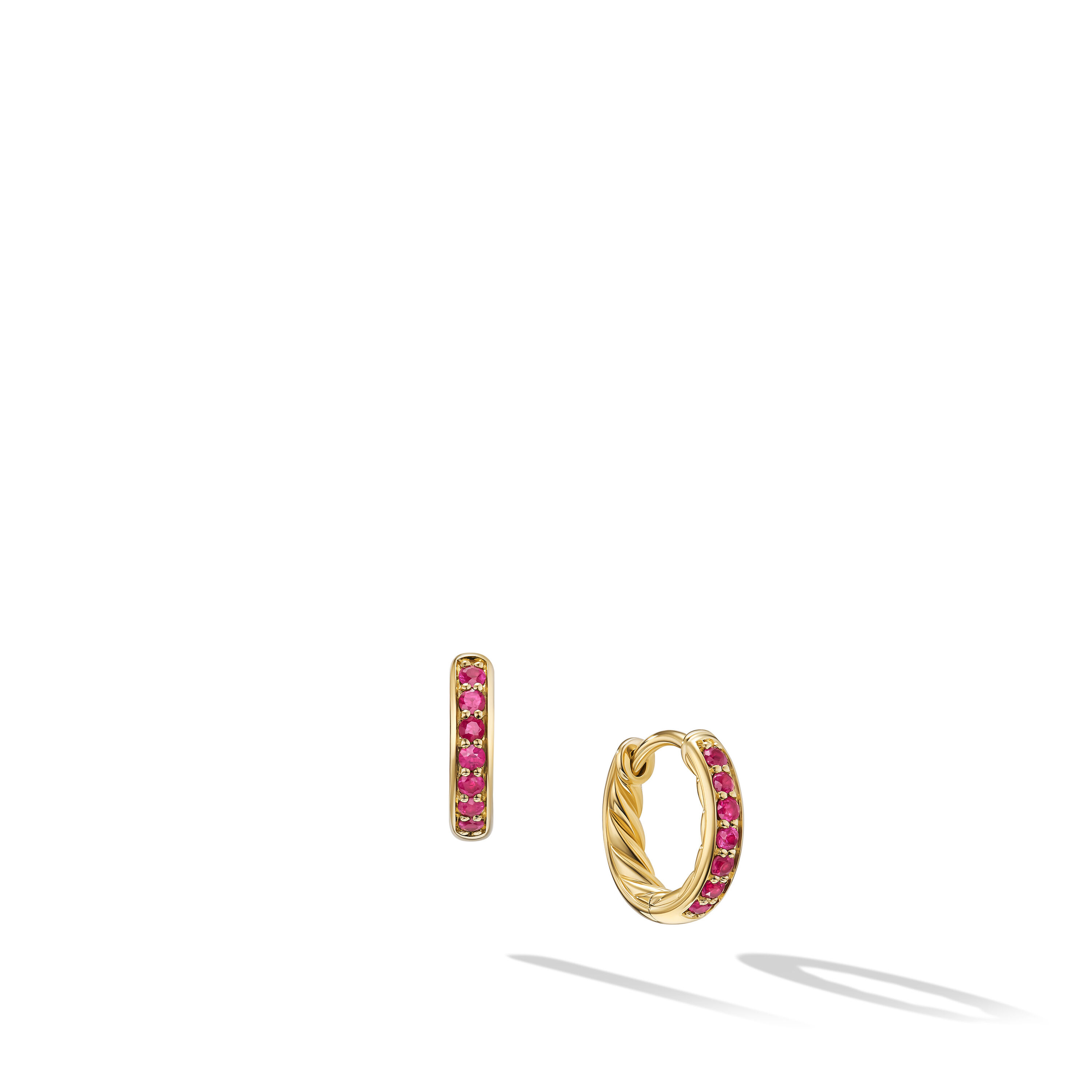 Petite Pavé Huggie Hoop Earrings in 18K Yellow Gold with Rubies, 12mm Petite Pavé Huggie Hoop Earrings in 18K Yellow Gold with Rubies, 12mm