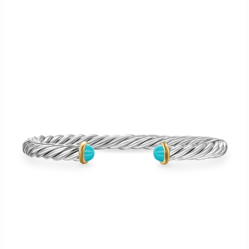 Cable Cuff Bracelet in Sterling Silver with 14K Yellow Gold and Turquoise, 6mm