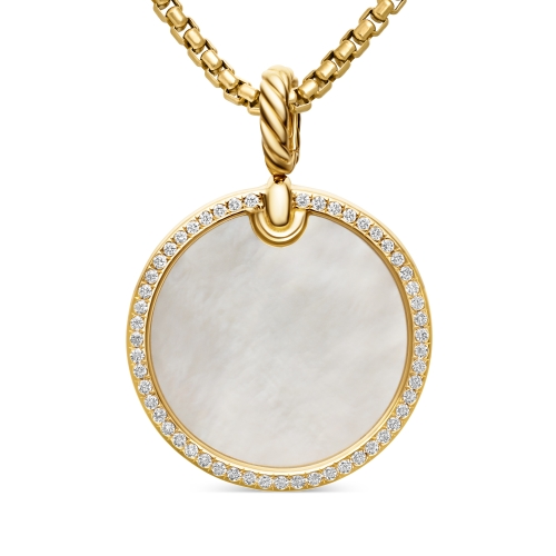 DY Elements® Disc Pendant in 18K Yellow Gold with Mother of Pearl and Diamond Rim, 24mm