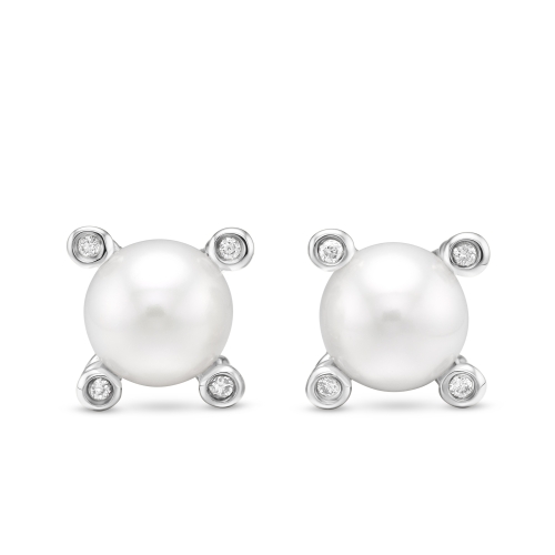 Pearl Stud Earrings in Sterling Silver with Pearls and Diamonds, 7.4mm