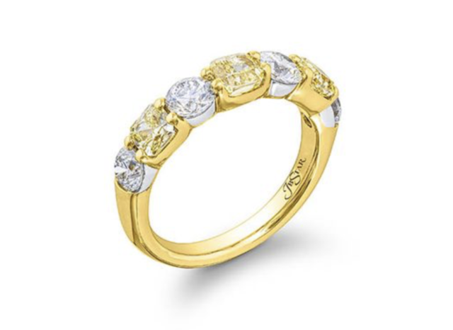 JB Star 18K Yellow Gold & Platinum Shared Prong Band, Featuring 3 Cushion Fancy Yellow Diamonds =1.22ctw, VS Clarity and 4 Round White Diamonds =1.05ctw, G Color, VS Clarity | Alson Jewelers