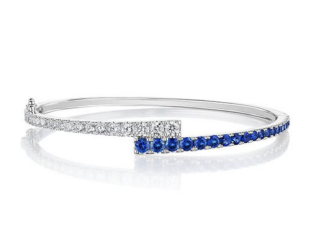 Penny Preville 18K White Gold Bypass Bangle Bracelet, Featuring 18 Blue Sapphires =1.92ctw and 18 Round Diamonds =1.39ctw | Alson Jewelers