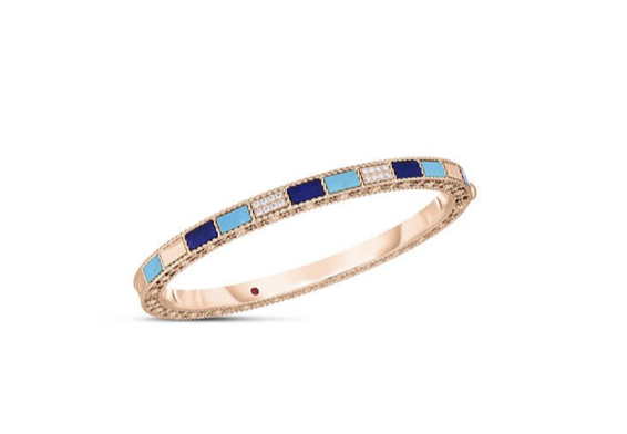 Roberto Coin 18K Rose Gold Mosaic Bangle Bracelet, Featuring Lapis, Turquoise and 16 Round Diamonds =.14ctw  | Alson Jewelers