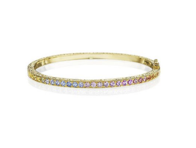 Penny Preville 18K Yellow Gold Watercolor Thin Hinged Bangle Bracelet, Featuring 27 Round Rainbow Sapphires =1.75ctw, with Milgrain and Engraved Detailing  | Alson Jewelers