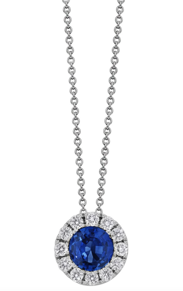 Spark 18K White Gold Round Halo Pendant Necklace, Featuring a .30ct Round Blue Sapphire, Accented with 12 Round Diamonds =.10ctw | Alson Jewelers