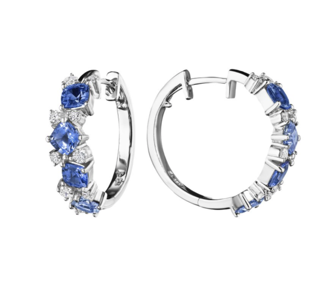Penny Preville 18K White Gold Blue Sapphire Cluster Hoop Earrings, Featuring Cushion Cut Blue Sapphire and Diamonds | Alson Jewelers