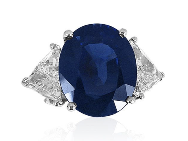 Alson Signature Collection Platinum Engagement Ring, Featuring a 10.89ct Oval Blue Sapphire, Accented with 2 Trillion Diamonds =2.40ctw, F Color, SI2 Clarity | Alson Jewelers