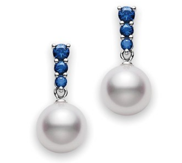 Mikimoto Morning Dew Akoya Cultured Pearl Earrings with Blue Sapphire in 18K White Gold | Alson Jewelers