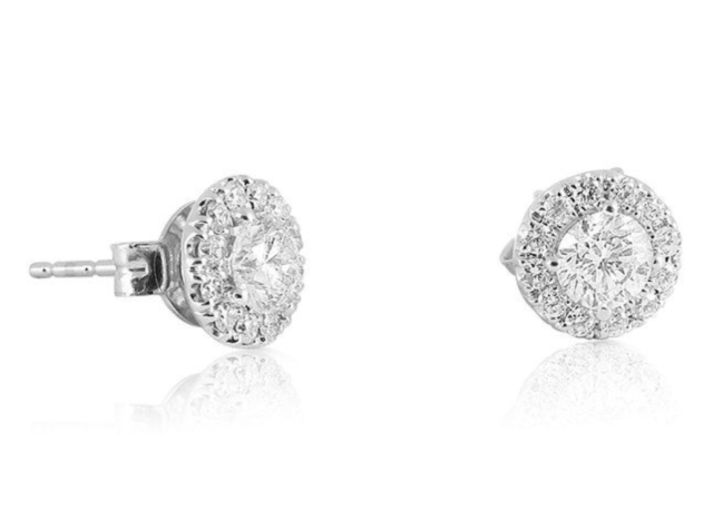 Alson Signature Collection 14K White Gold Diamond Halo Stud Earrings, Featuring 2 Round Diamonds =1.00ctw, H Color, I1 Clarity, Accented with 28 Round Diamonds =.45ctw | Alson Jewelers