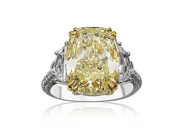 Alson Signature Collection Platinum & 18K Yellow Gold Engagement Ring, Featuring a 6.13ct Cushion Fancy Yellow Diamond, VS2 Clarity, GIA Certified, Accented with 2 Epaulette Diamonds =.91ctw, D Color, VS Clarity and 126 Round Diamonds =.52ctw, F-G Color, VS Clarity | Alson Jewelers