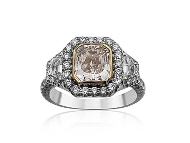 Alson Signature Collection Platinum & 18K Rose Gold Engagement Ring, Featuring a 1.58ct Radiant Very Light Pink Diamond, VS2 Clarity, GIA Certified, Accented with 2 Trapezoid Diamonds =.24ctw, E-F Color, SI1 Clarity and 168 Round Diamonds =1.23ctw, G-H Color, VS Clarity | Alson Jewelers