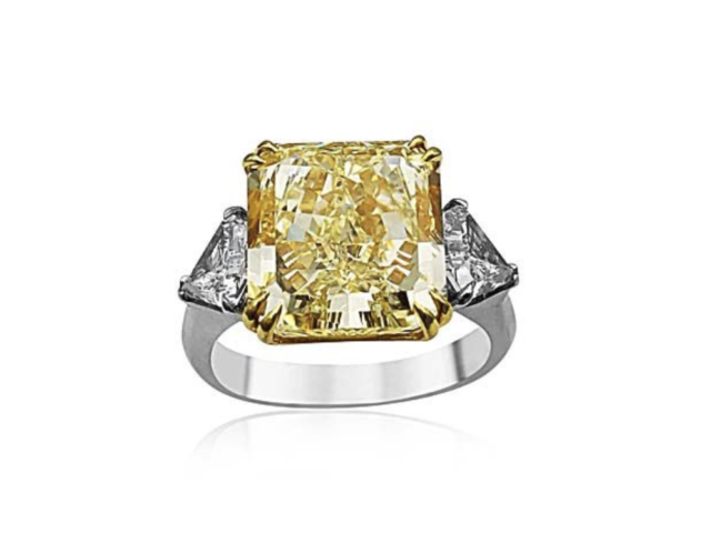 Alson Signature Collection Platinum & 18K Yellow Gold Three-Stone Engagement Ring, Featuring a 8.22ct Radiant Fancy Yellow Diamond, VS1 Clarity, GIA Certified, Accented with 2 Special Long Cut Triangular Diamonds =1.07ctw, E-F Color, VS1-2 Clarity | Alson Jewelers
