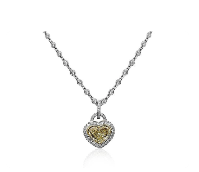 Alson Signature Collection Platinum & 18K Yellow Gold Halo Pendant on a Diamond By The Yard Chain, Featuring a 4.02ct Fancy Yellow Heart Shape Diamond, VS1 Clarity, GIA Certified, Accented by 180 Round Diamonds =1.69ctw and 72 Round Diamonds on the Chain =2.72ctw | Alson Jewelers