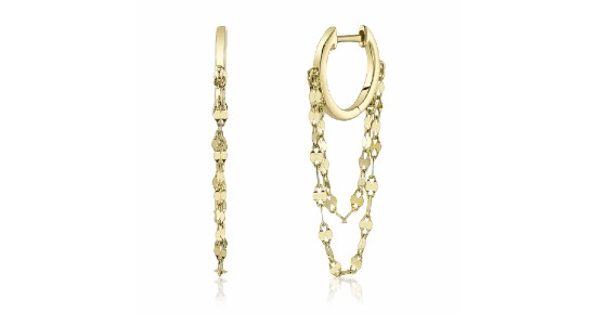 a pair of yellow gold huggie earrings featuring danglings gold chains