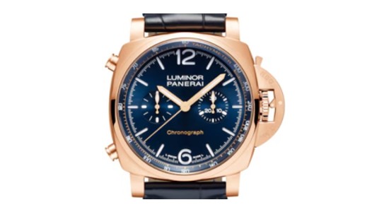 a Panerai watch with a blue dial and chronograph