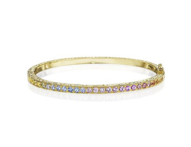 Penny Preville 18K Yellow Gold Watercolor Thin Hinged Bangle Bracelet, Featuring 27 Round Rainbow Sapphires =1.75ctw, with Milgrain and Engraved Detailing | Alson Jewelers
