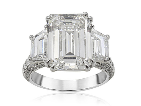 Alson Signature Collection Platinum Engagement Ring, Featuring a 5.04ct Emerald Cut Diamond, I Color, VVS2 Clarity, GIA Certified, Accented with 2 Trapezoid Diamonds =1.60ctw and 94 Round Diamonds =.97ctw, Three-Sided Rounded Mico Pave Shank | Alson Jewelers