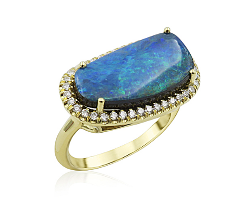 Lauren K 18K Yellow Gold Mischa Ring, Featuring a 17X9MM 5.59ct Boulder Opal, Accented with 40 Round Diamonds =.26ctw | Alson Jewelers