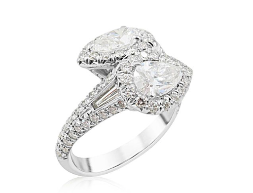JB Star Platinum Bypass Ring, Featuring a .70ct Pear Shaped Diamond, D Color, VS1 Clarity, GIA Certified, .72ct Pear Shaped Diamond, D Color, VS2 Clarity, GIA Certifed, Accented with 2 Tapered Baguette Diamonds =.19ctw and 80 Round Diamonds =.85ctw | Alson Jewelers