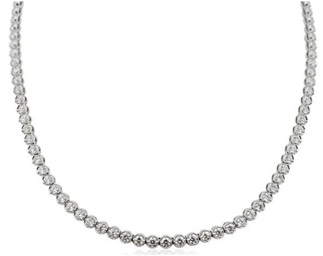 14K White Gold One-Row Bezel Set Tennis Necklace, Featuring 107 Round Diamonds =8.50ctw | Alson Jewelers