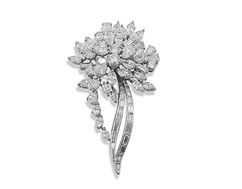 Alson Estate Collection Platinum Diamond Flower Pin, Featuring 27 Baguette Diamonds, 24 Marquise Diamonds, 13 Pear Shaped Diamonds and 3 Round Diamonds =13.92cts Total Weight, VS1 Clarity, F-G Color | Alson Jewelers