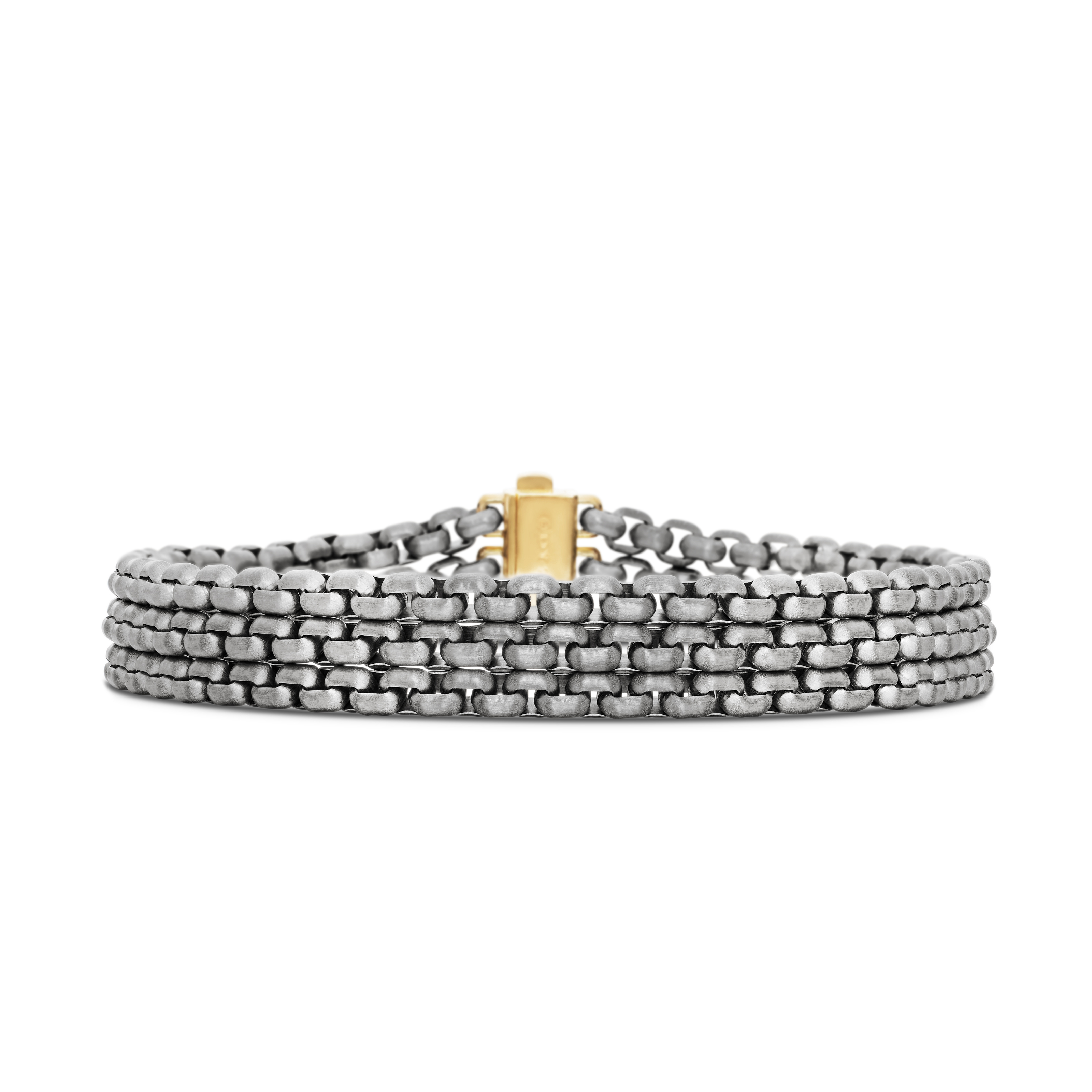 Three Row Box Chain Bracelet in Grey Titanium with 18K Yellow Gold, 13.5mm Three Row Box Chain Bracelet in Grey Titanium with 18K Yellow Gold, 13.5mm