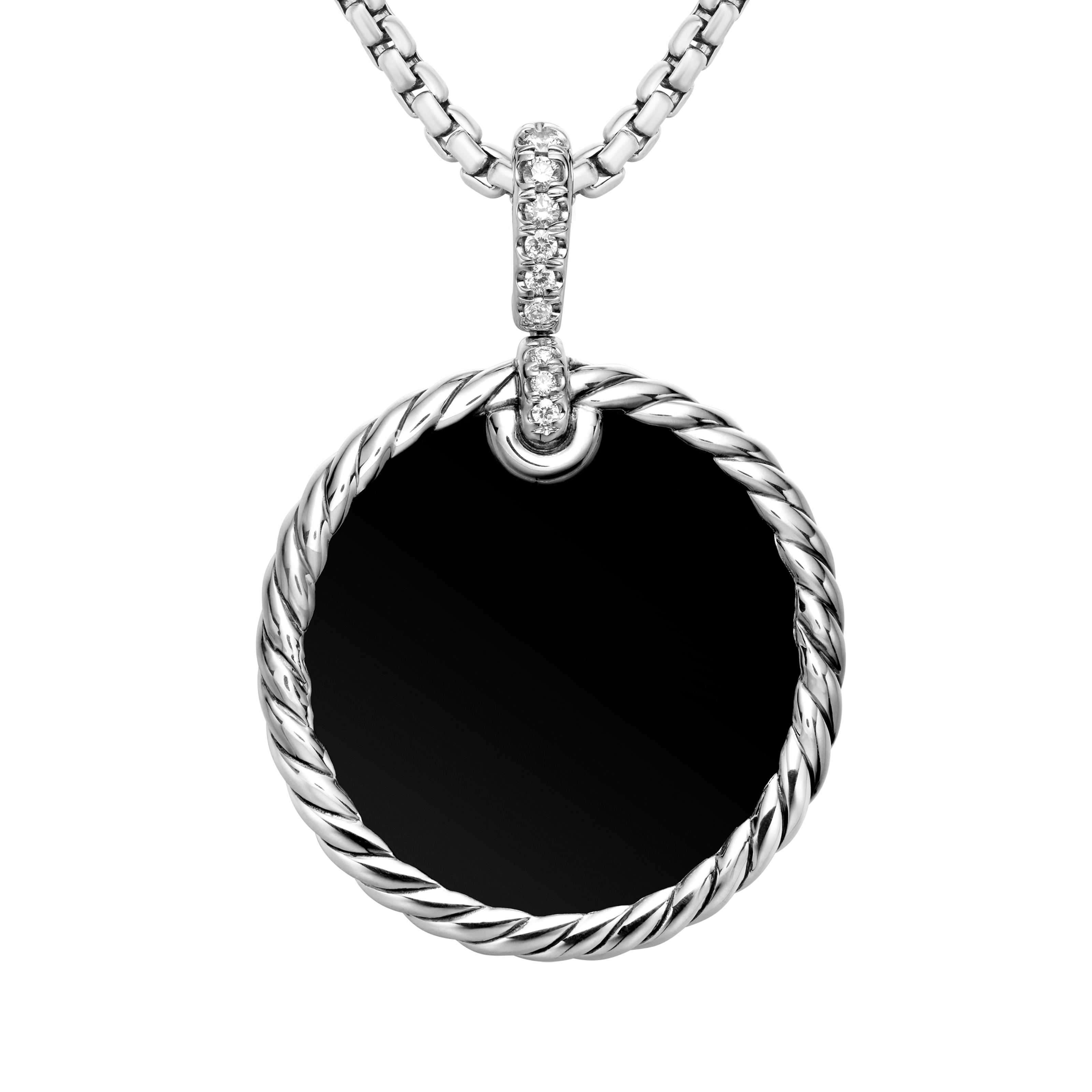 DY Elements® Reversible Disc Pendant in Sterling Silver with Black Onyx Reversible to Mother of Pearl and Diamonds, 24mm DY Elements® Reversible Disc Pendant in Sterling Silver with Black Onyx Reversible to Mother of Pearl and Diamonds, 24mm