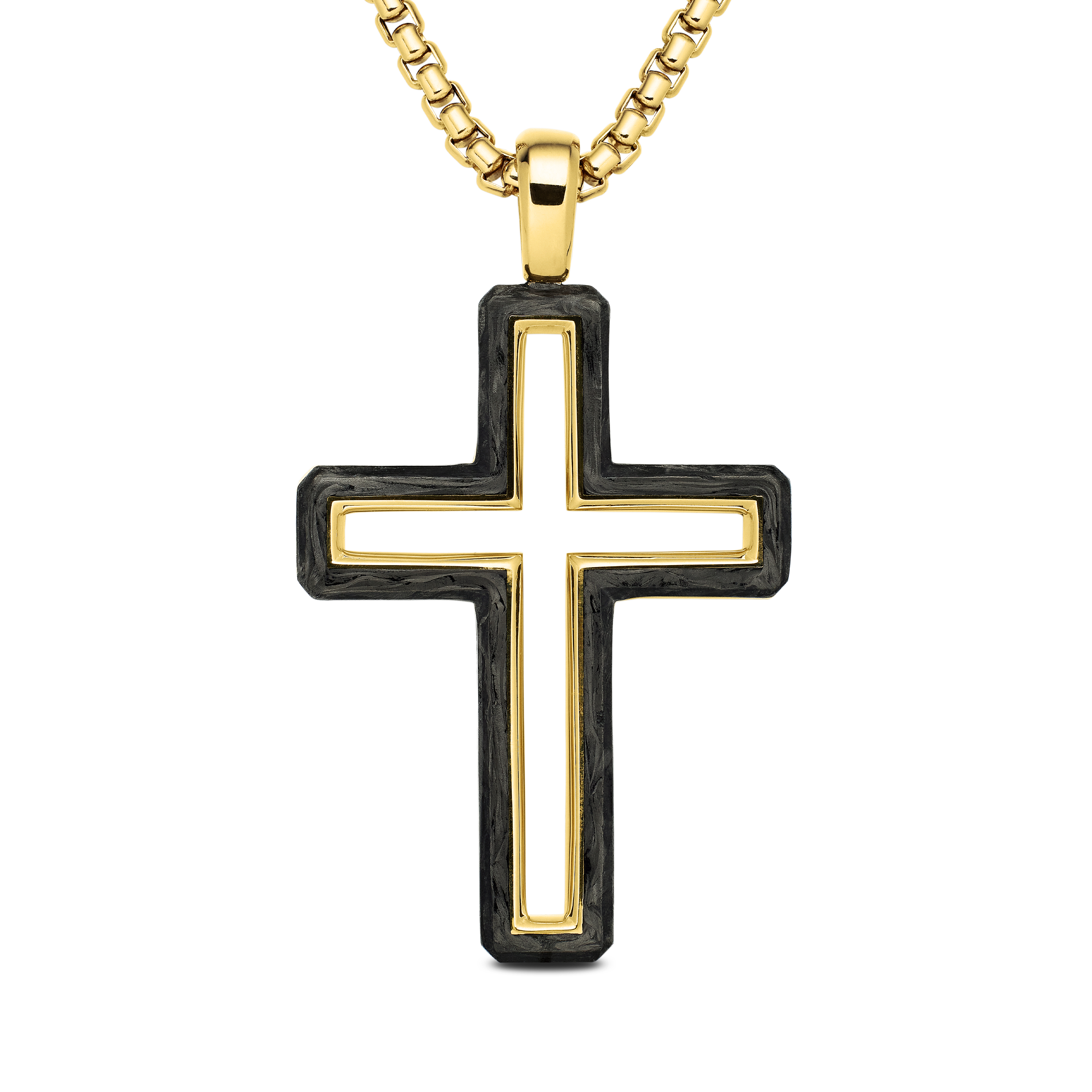 Forged Carbon Cross Pendant in 18K Yellow Gold, 37mm Forged Carbon Cross Pendant in 18K Yellow Gold, 37mm